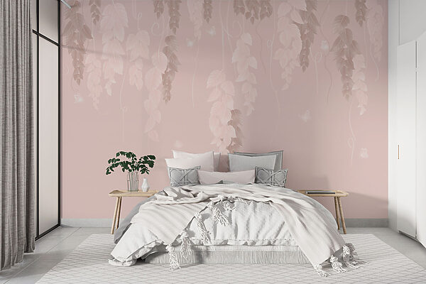 Fundo cor-de-rosa e branco com folhas e borboletas Fundo cor-de-rosa e branco com folhas e borboletas