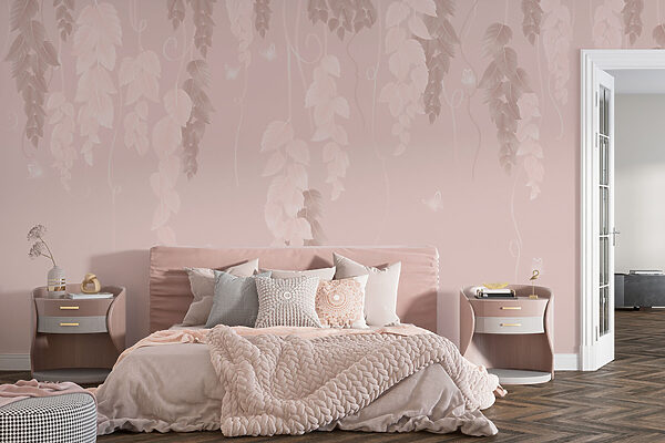 Fundo cor-de-rosa e branco com folhas e borboletas Fundo cor-de-rosa e branco com folhas e borboletas