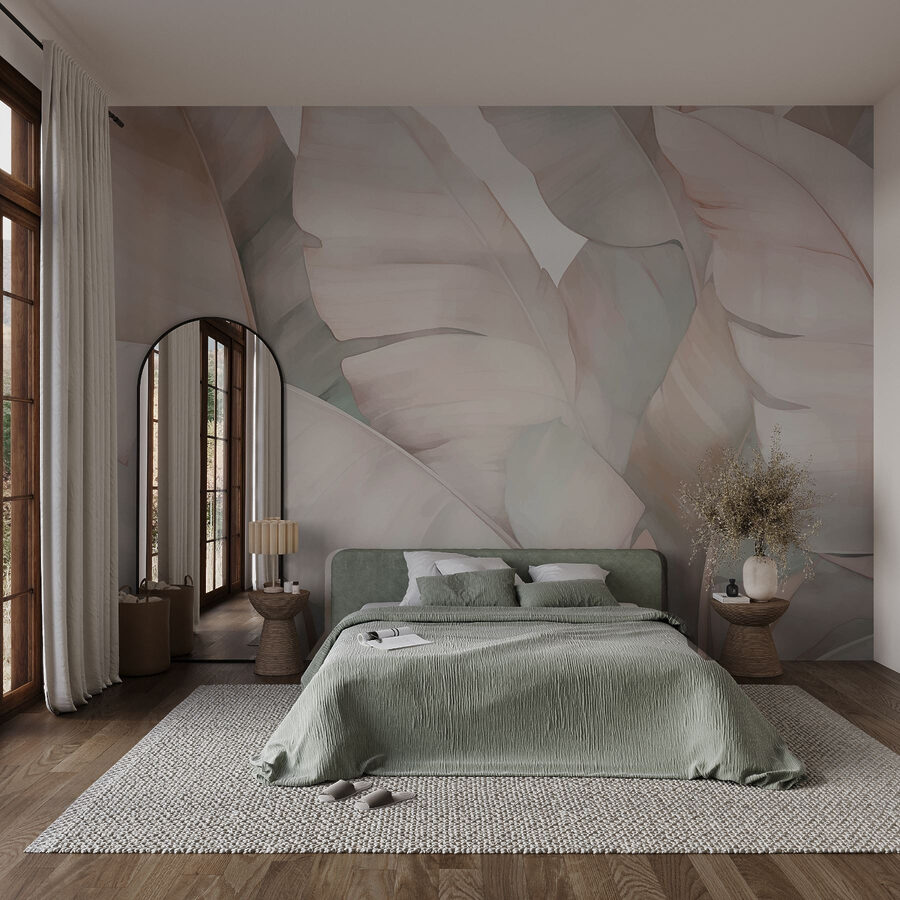 Papel de parede Tons suaves de folhas tropicais.