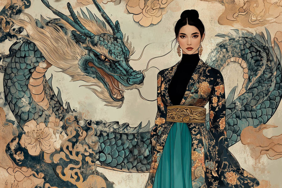 Mulher com um quimono e um dragão Mulher com um quimono e um dragão