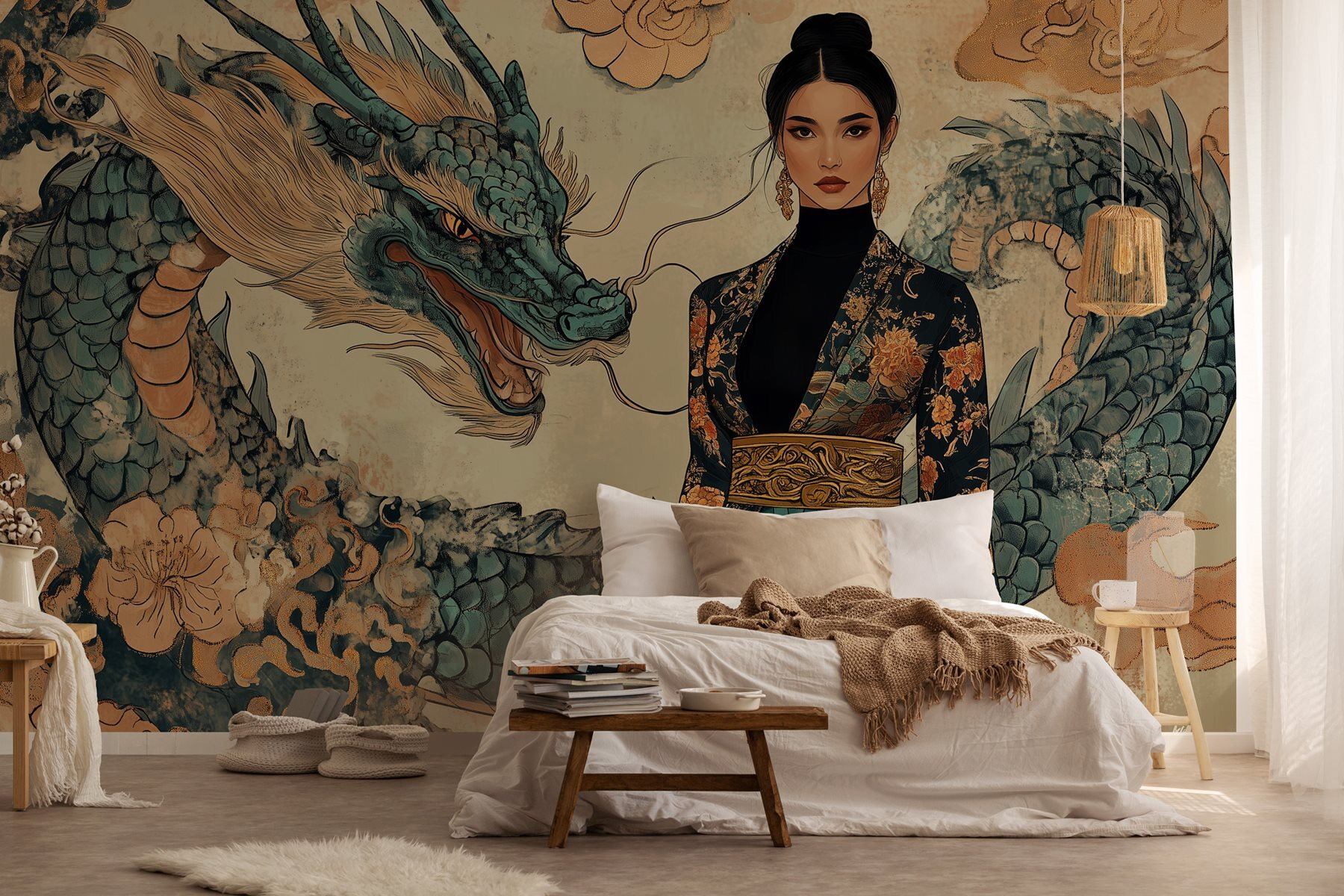 Woman in a kimono and a dragon