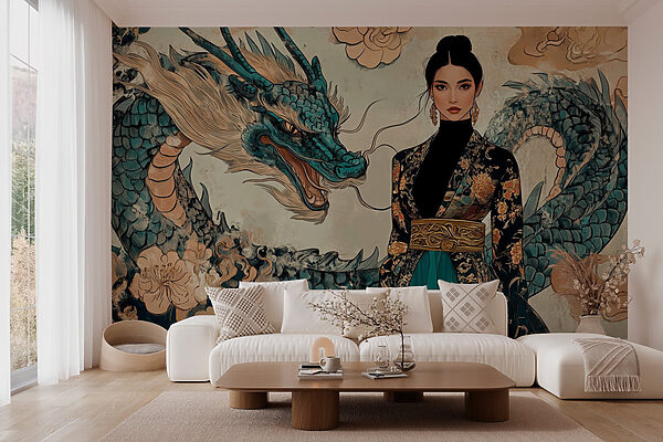 Mulher com um quimono e um dragão Mulher com um quimono e um dragão