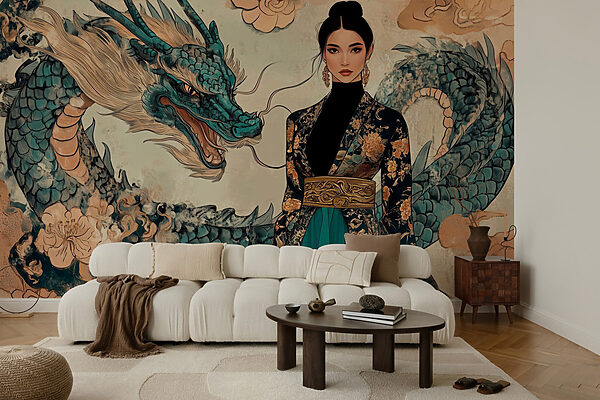 Mulher com um quimono e um dragão Mulher com um quimono e um dragão
