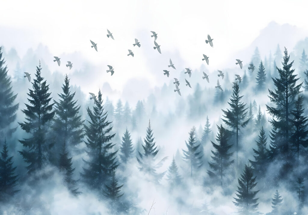 Pássaros a voar sobre uma floresta Pássaros a voar sobre uma floresta