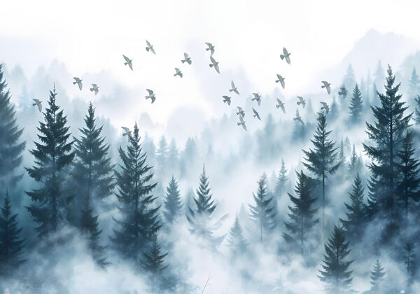 Pássaros a voar sobre uma floresta Pássaros a voar sobre uma floresta