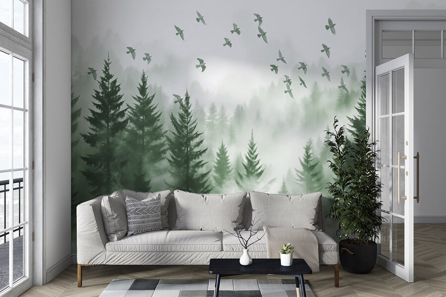 Pássaros a voar sobre uma floresta