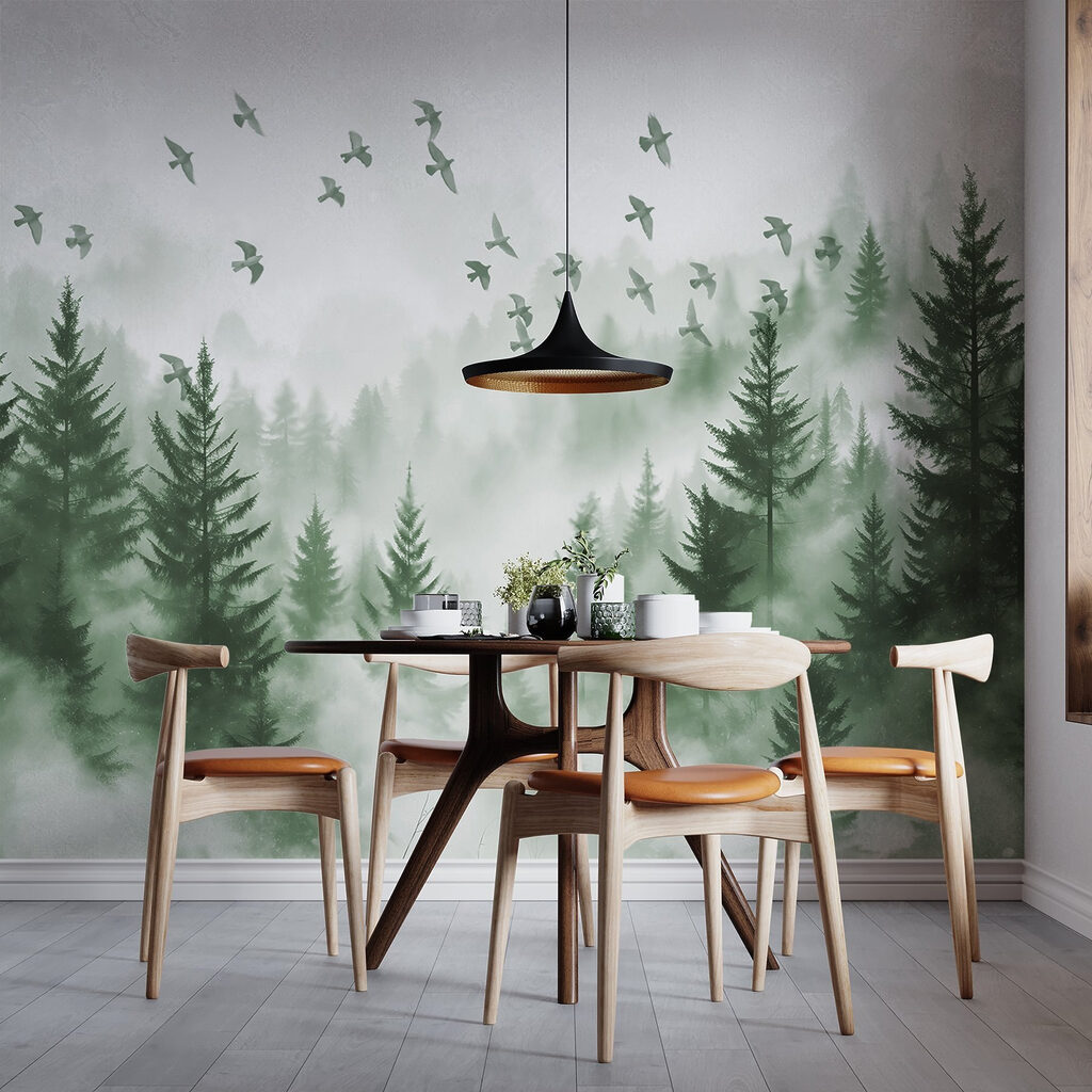 Birds flying over a forest