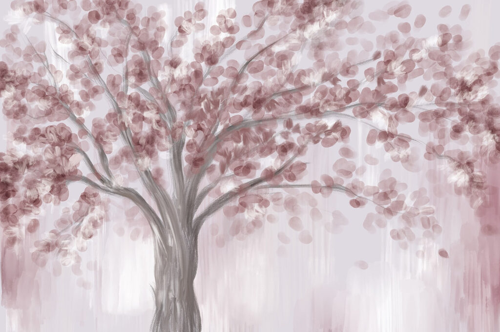 Pintura de uma árvore com folhas cor-de-rosa Pintura de uma árvore com folhas cor-de-rosa