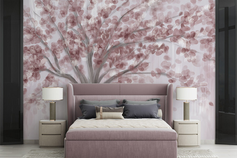 Pintura de uma árvore com folhas cor-de-rosa