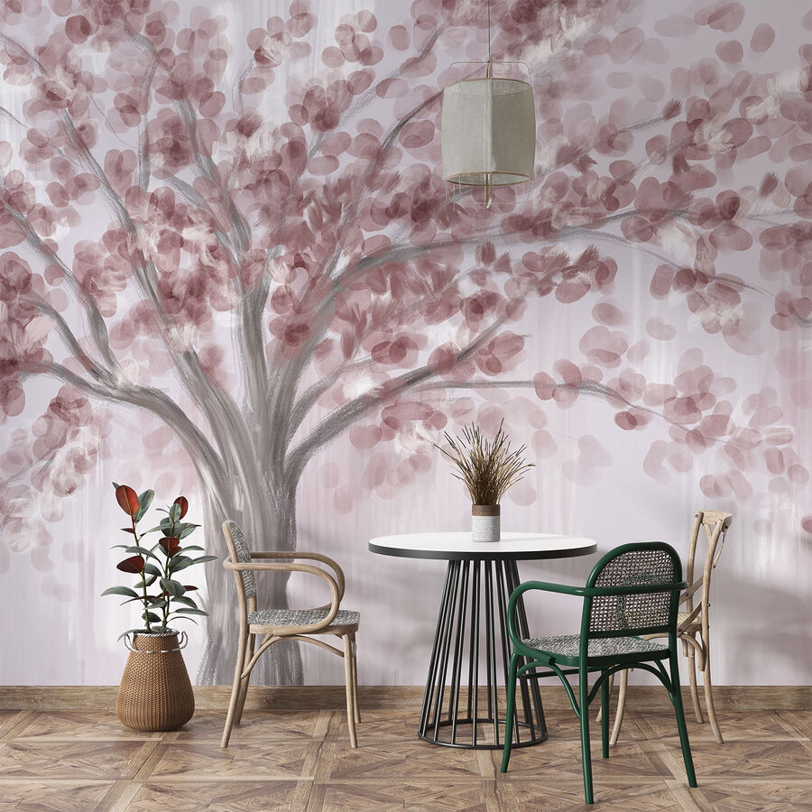 Pintura de uma árvore com folhas cor-de-rosa