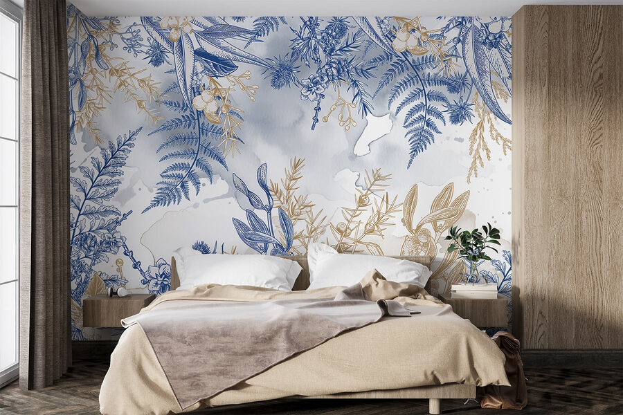 Padrão floral azul e branco
