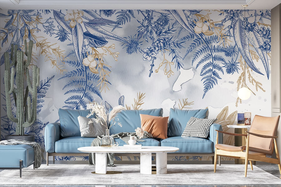 Padrão floral azul e branco