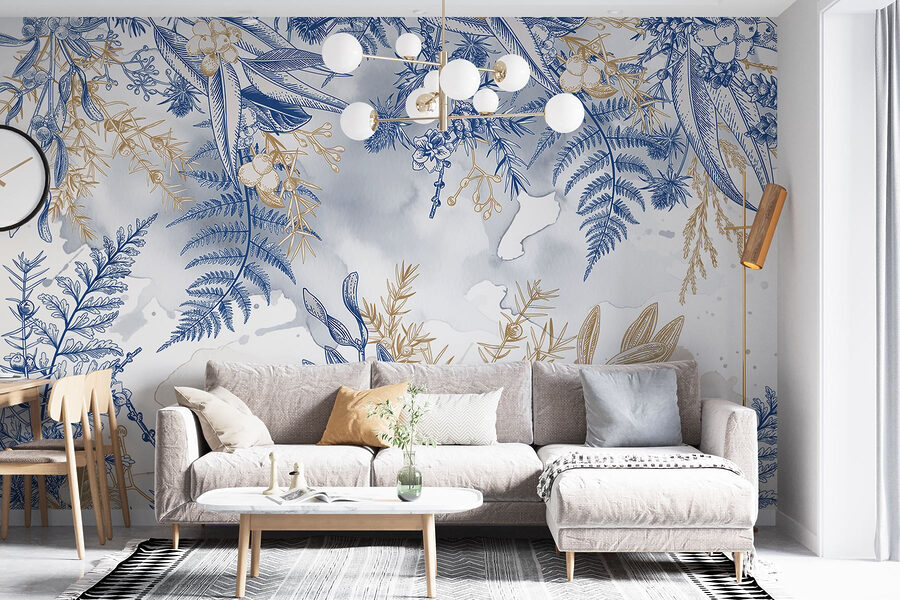 Padrão floral azul e branco