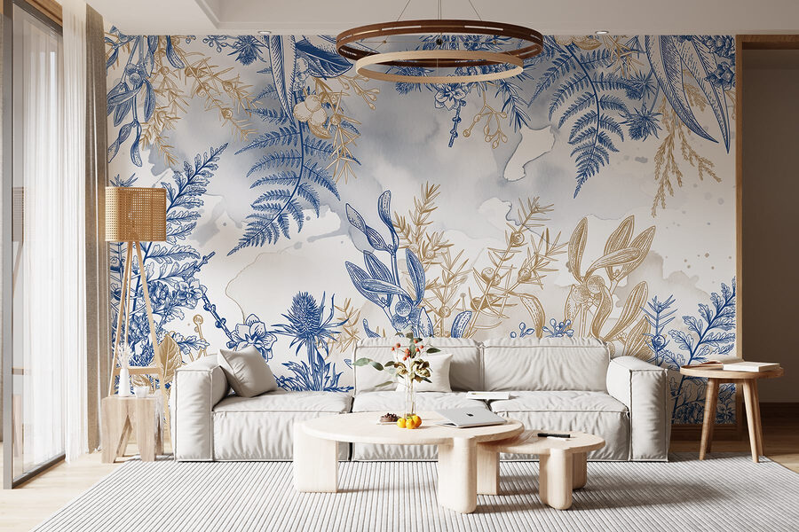 Padrão floral azul e branco
