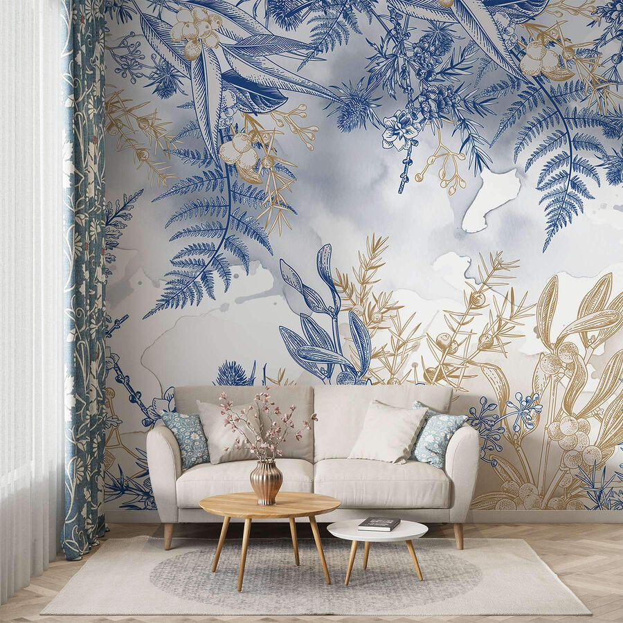 Padrão floral azul e branco