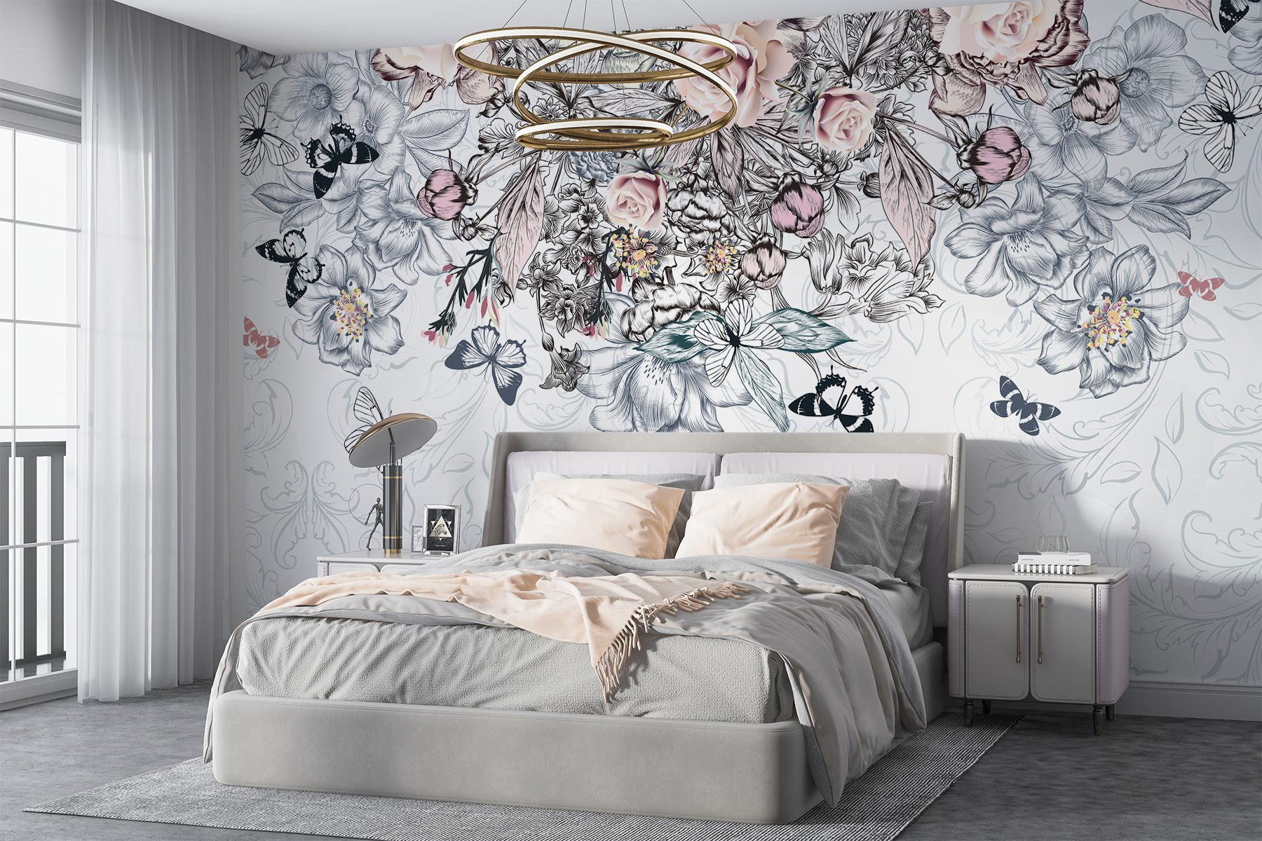 Group of flowers and butterflies