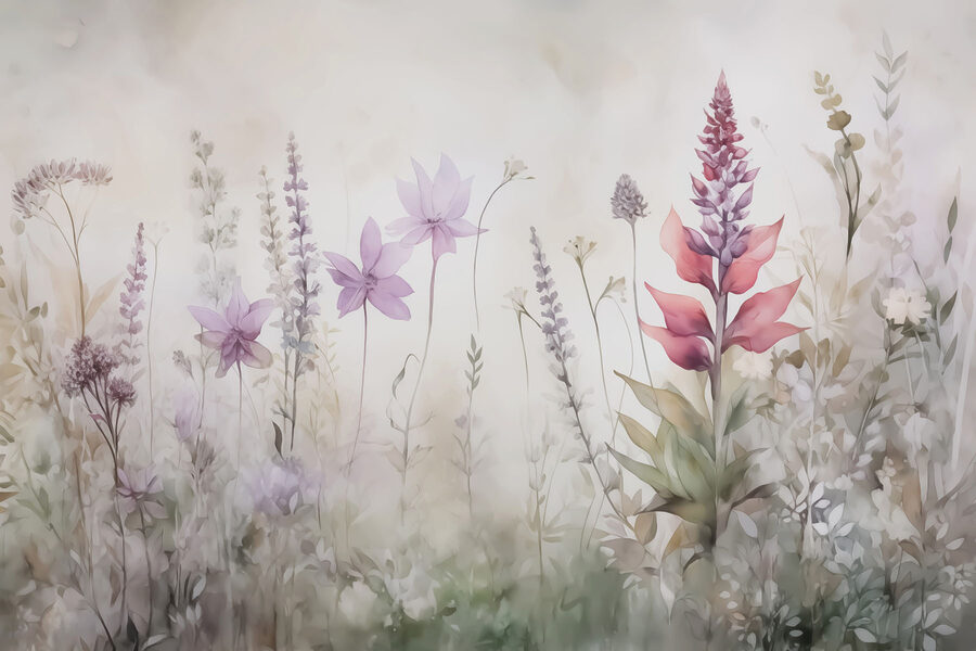 Pintura de flores num campo