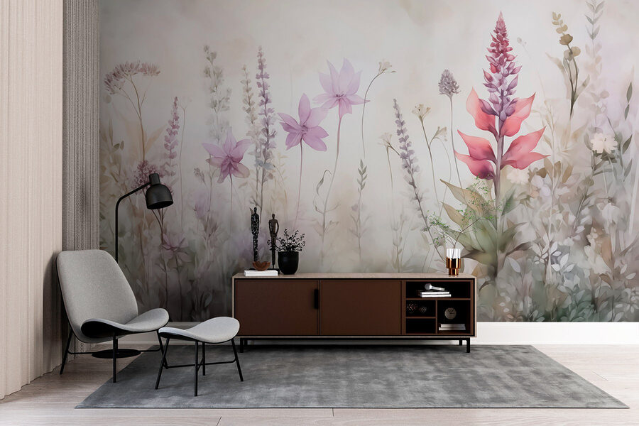 Pintura de flores num campo