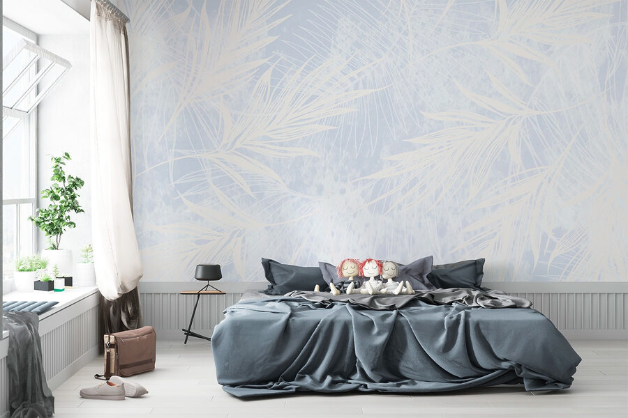 Fundo branco e azul com folhas brancas