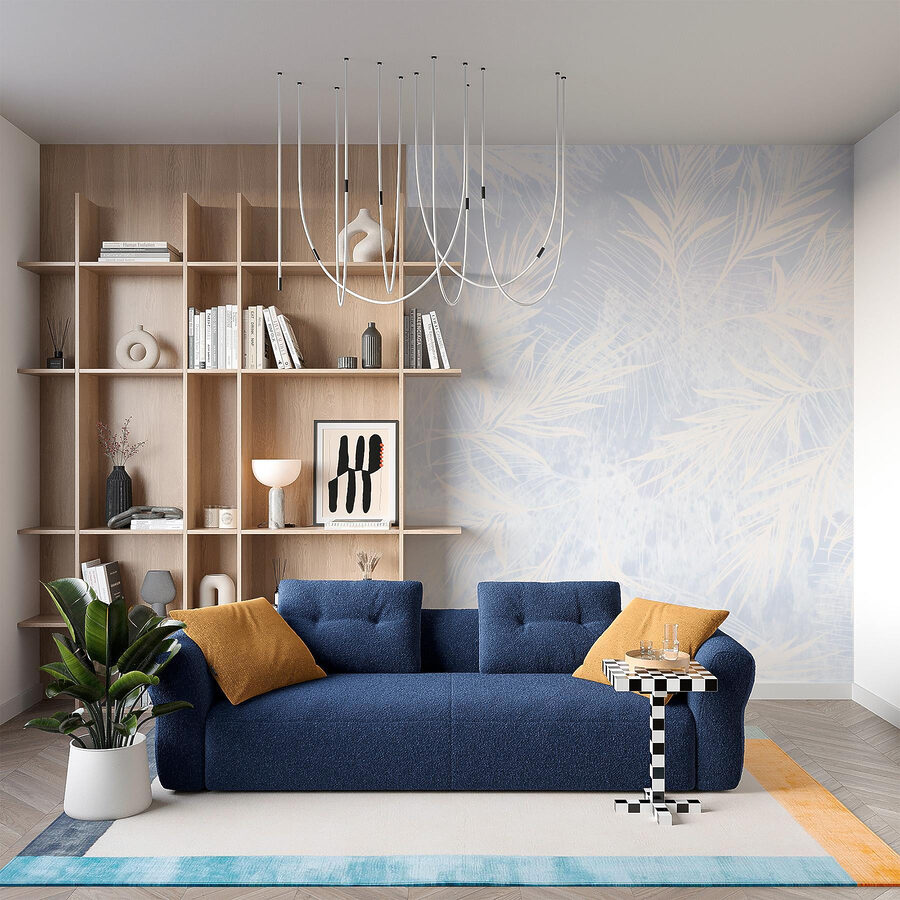 Fundo branco e azul com folhas brancas