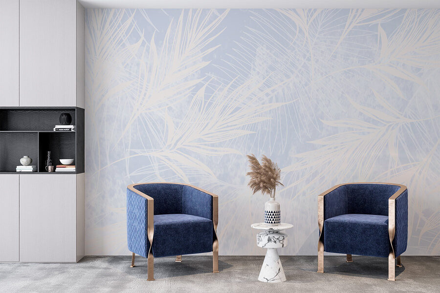 Fundo branco e azul com folhas brancas
