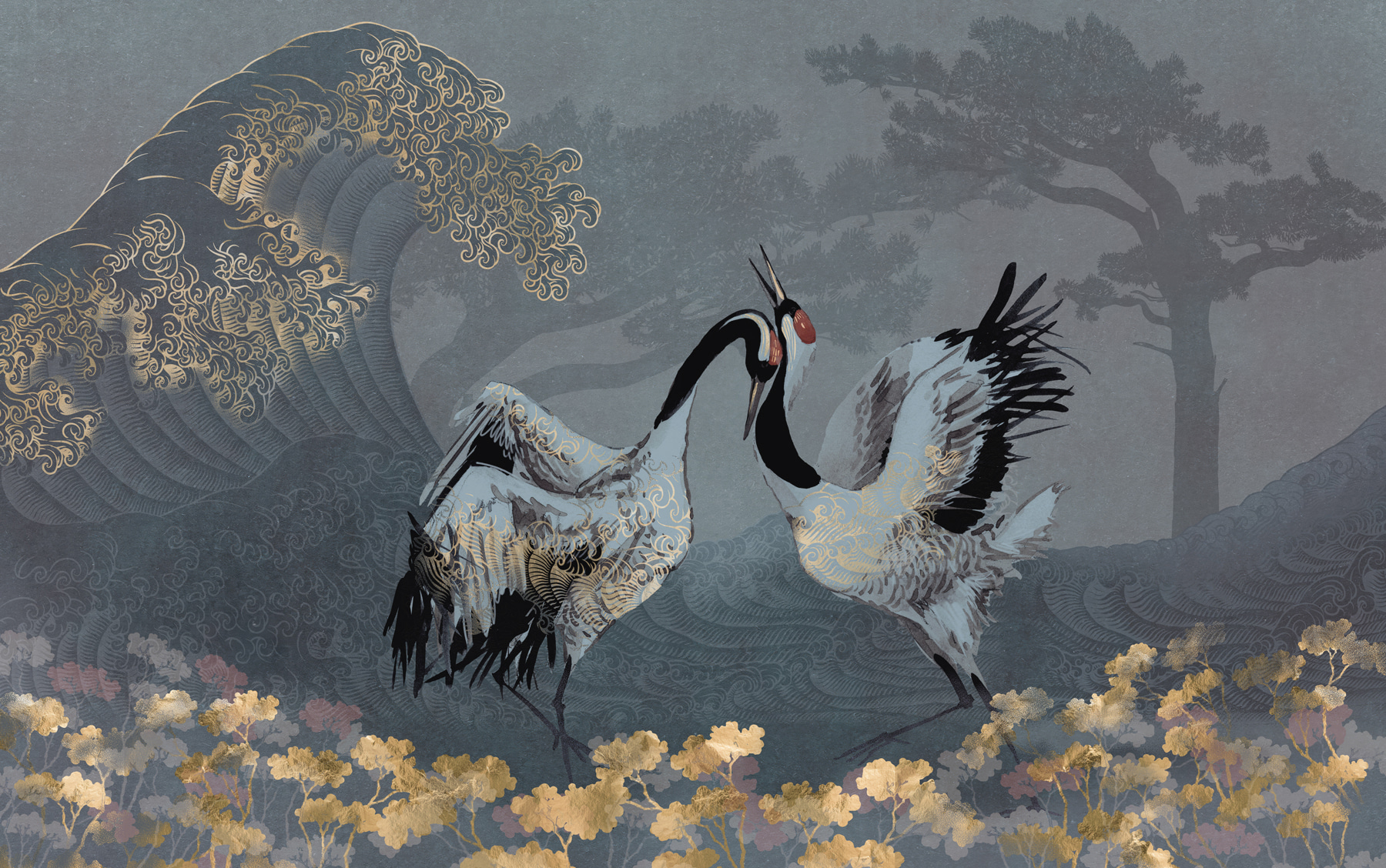 Two birds standing in a field