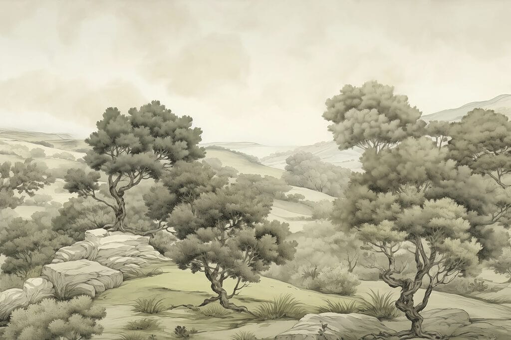 Paisagem com árvores e rochas Paisagem com árvores e rochas