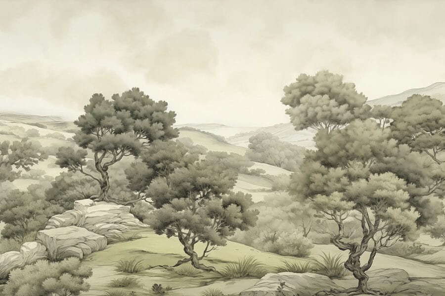 Paisagem com árvores e rochas