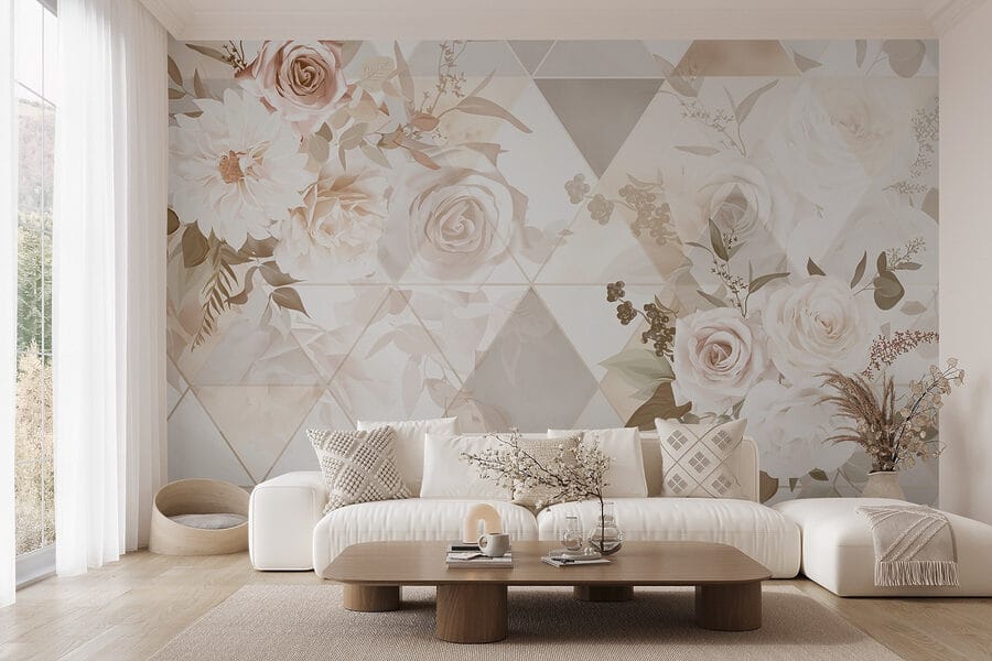 Papel de parede com flores e triângulos
