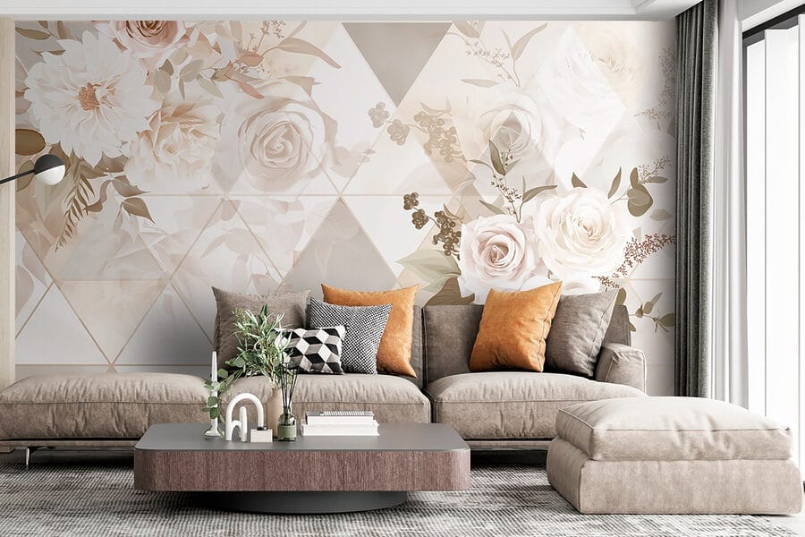 Papel de parede com flores e triângulos