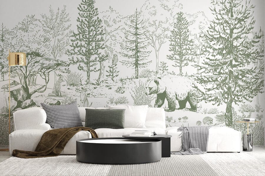 Desenho de um urso numa floresta