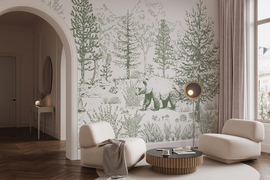 Desenho de um urso numa floresta