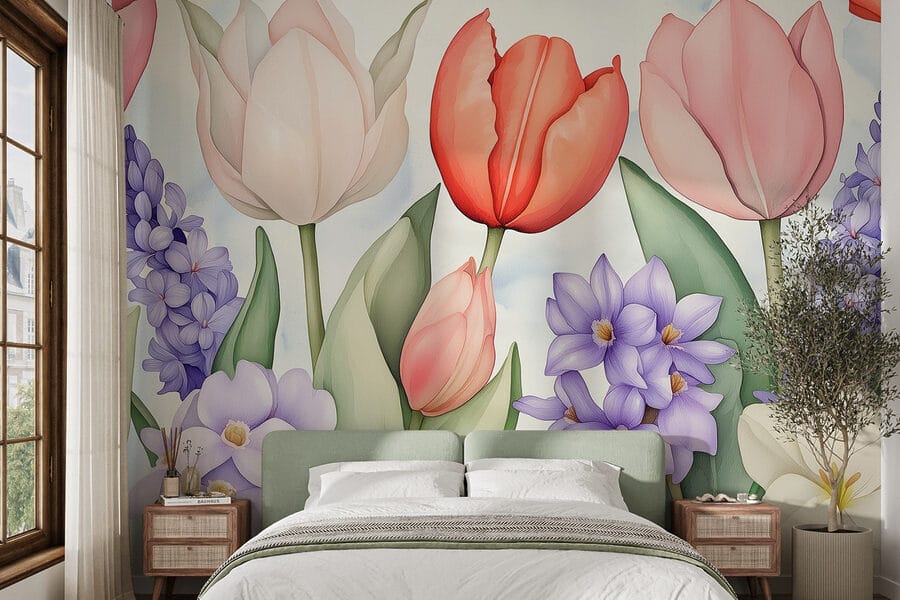 Papel de parede Grupo de flores com folhas