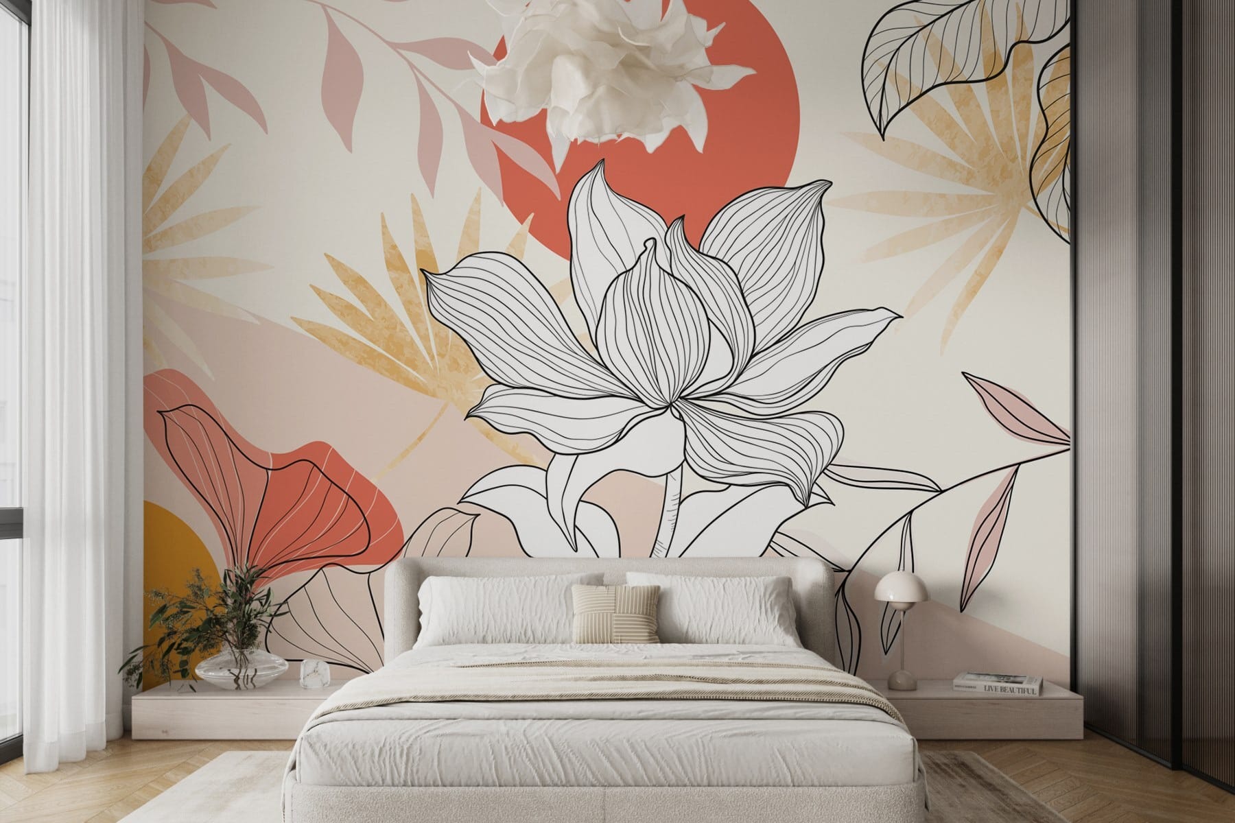 Flower and leaves with red sun