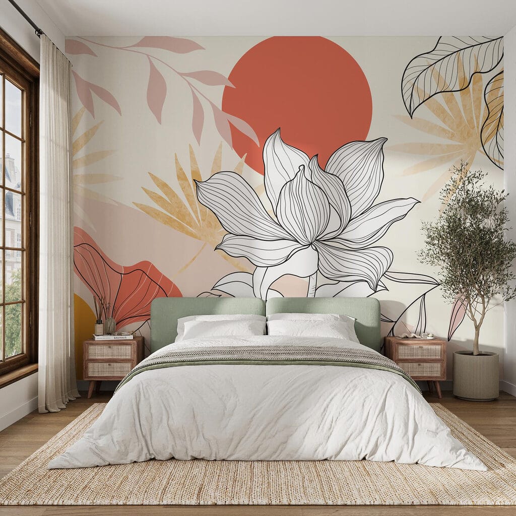 Flower and leaves with red sun