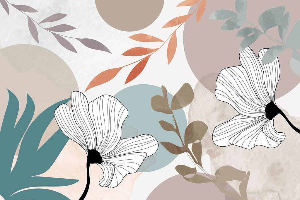 Flores brancas com folhas castanhas e círculos azuis Flores brancas com folhas castanhas e círculos azuis
