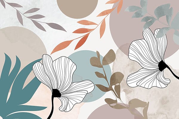 Flores brancas com folhas castanhas e círculos azuis Flores brancas com folhas castanhas e círculos azuis