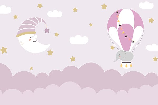 Elefante e lua em desenho animado num balão Elefante e lua em desenho animado num balão