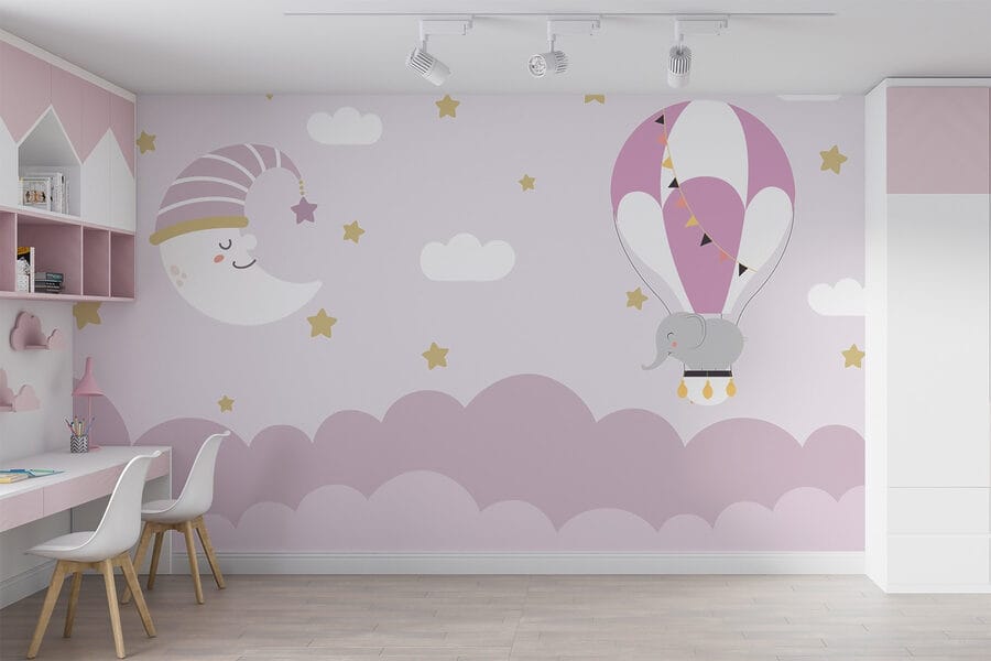 Elefante e lua em desenho animado num balão