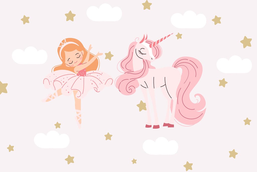 Desenho animado de uma rapariga dançarina de ballet e um unicórnio Desenho animado de uma rapariga dançarina de ballet e um unicórnio