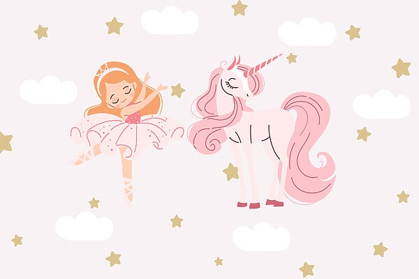 Desenho animado de uma rapariga dançarina de ballet e um unicórnio Desenho animado de uma rapariga dançarina de ballet e um unicórnio