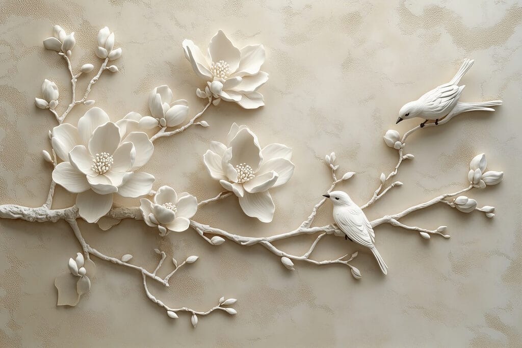 Pássaro branco num ramo com flores Pássaro branco num ramo com flores