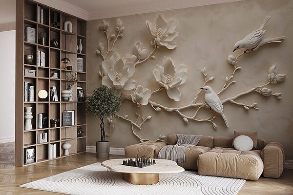 Pássaro branco num ramo com flores Pássaro branco num ramo com flores