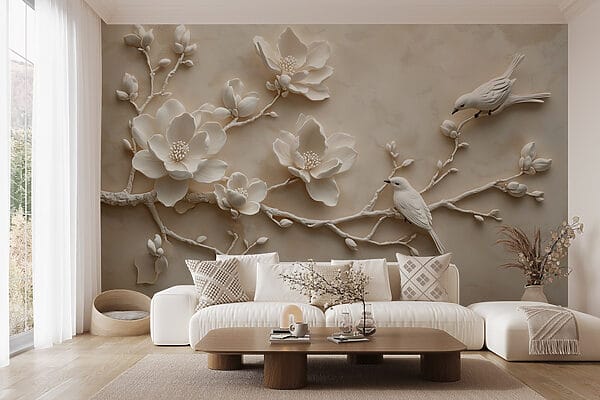 Pássaro branco num ramo com flores Pássaro branco num ramo com flores