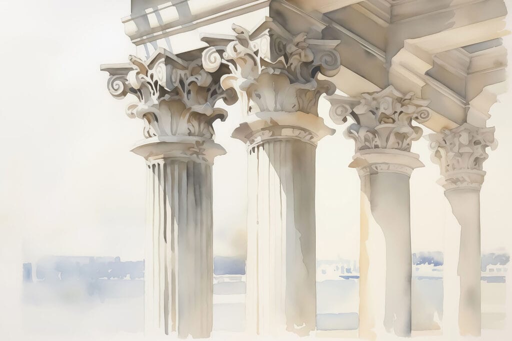 Pintura a aguarela de um edifício com pilares Pintura a aguarela de um edifício com pilares