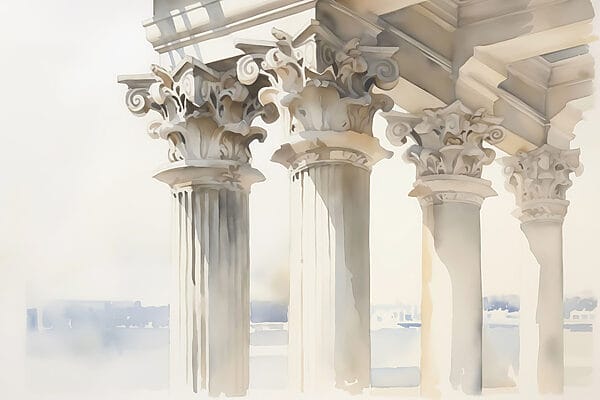 Pintura a aguarela de um edifício com pilares Pintura a aguarela de um edifício com pilares