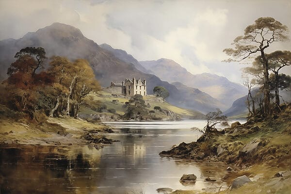 Pintura a aguarela de um castelo numa colina com árvores e montanhas Pintura a aguarela de um castelo numa colina com árvores e montanhas
