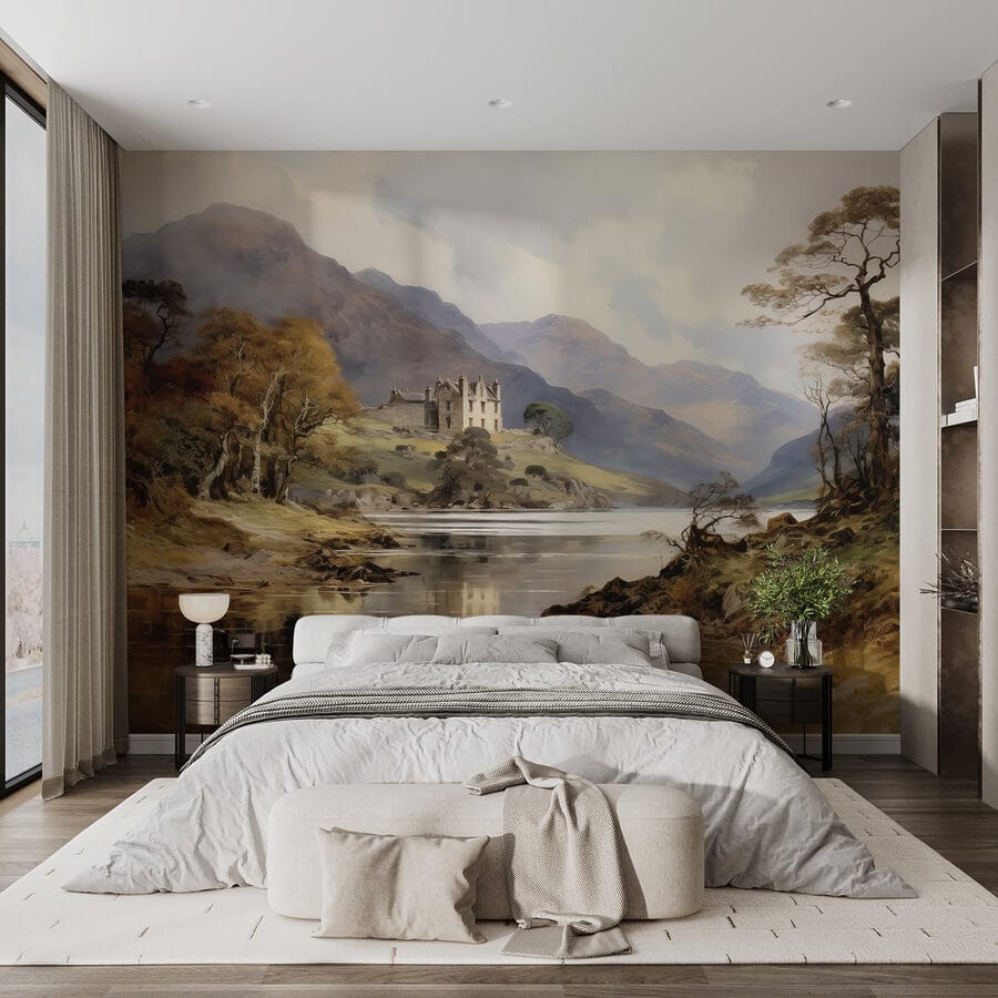 Pintura a aguarela de um castelo numa colina com árvores e montanhas Pintura a aguarela de um castelo numa colina com árvores e montanhas