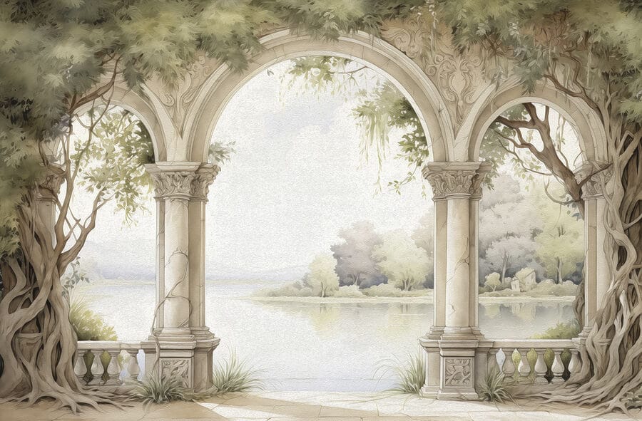 Pintura a aguarela de um arco de pedra com árvores e um lago