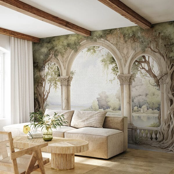 Pintura a aguarela de um arco de pedra com árvores e um lago Pintura a aguarela de um arco de pedra com árvores e um lago